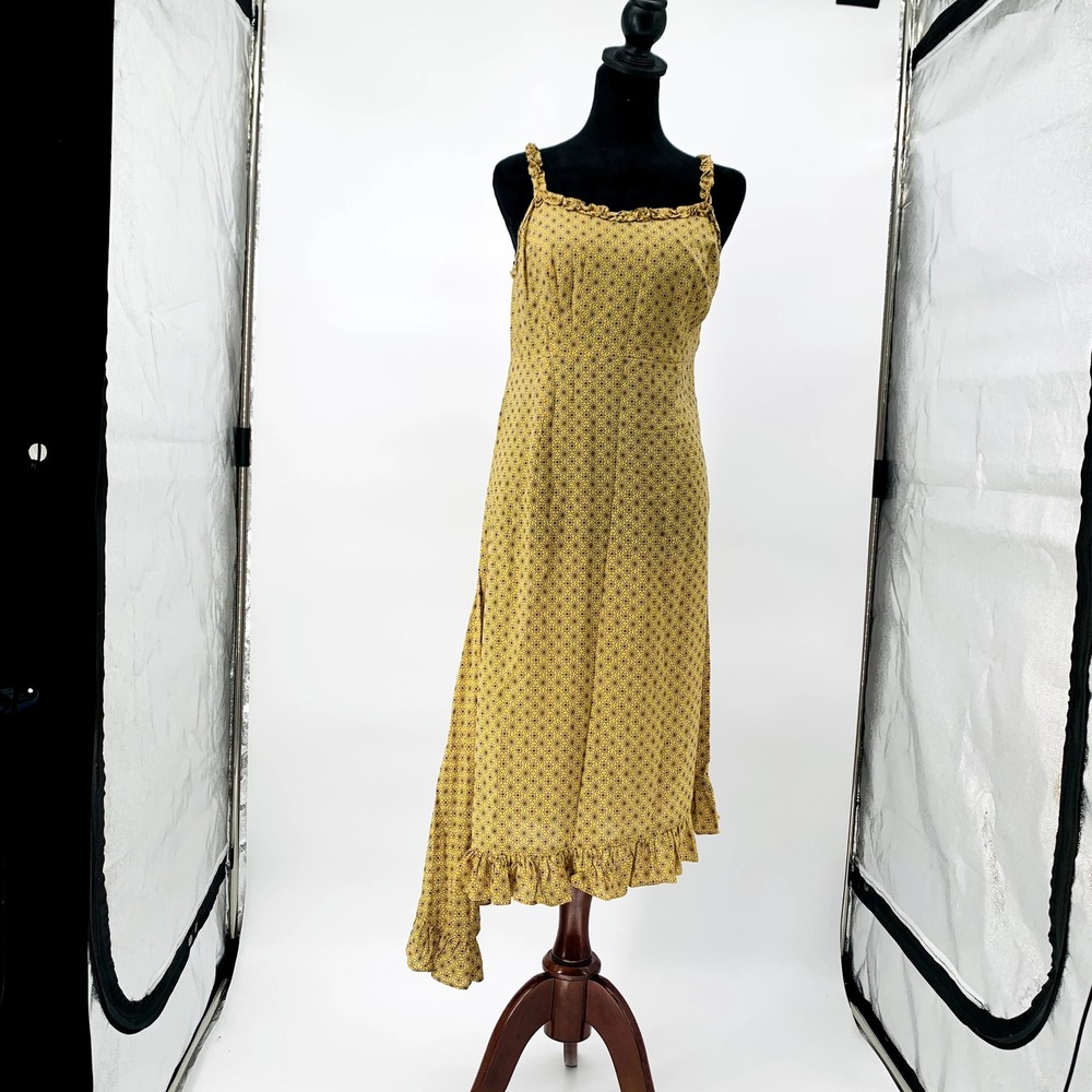 Nazila Couture Yellow Geometric Star Print Ruffle High Low Rayon Maxi Dress